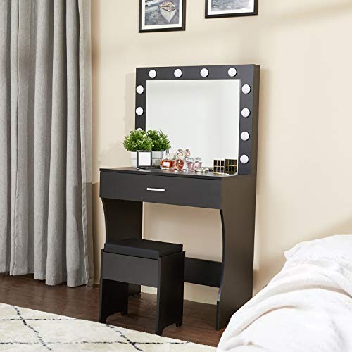 Makeup Vanity Desk with Mirror and 12 Lights, White with Charging Station I719