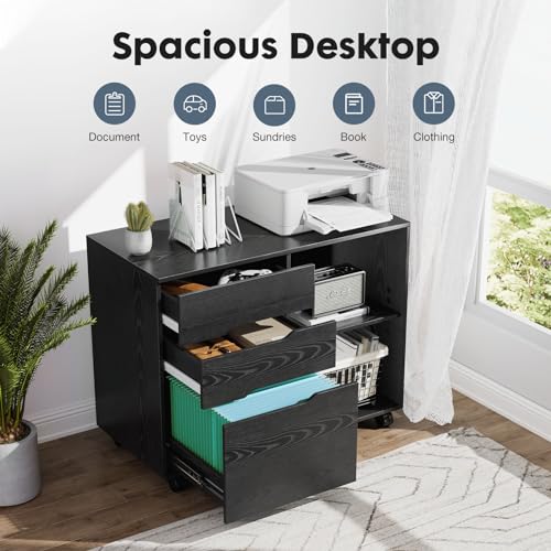 DUMOS 3-Drawer Lateral File Cabinet with Rolling Wooden Printer Stand, Rustic Brown X90813