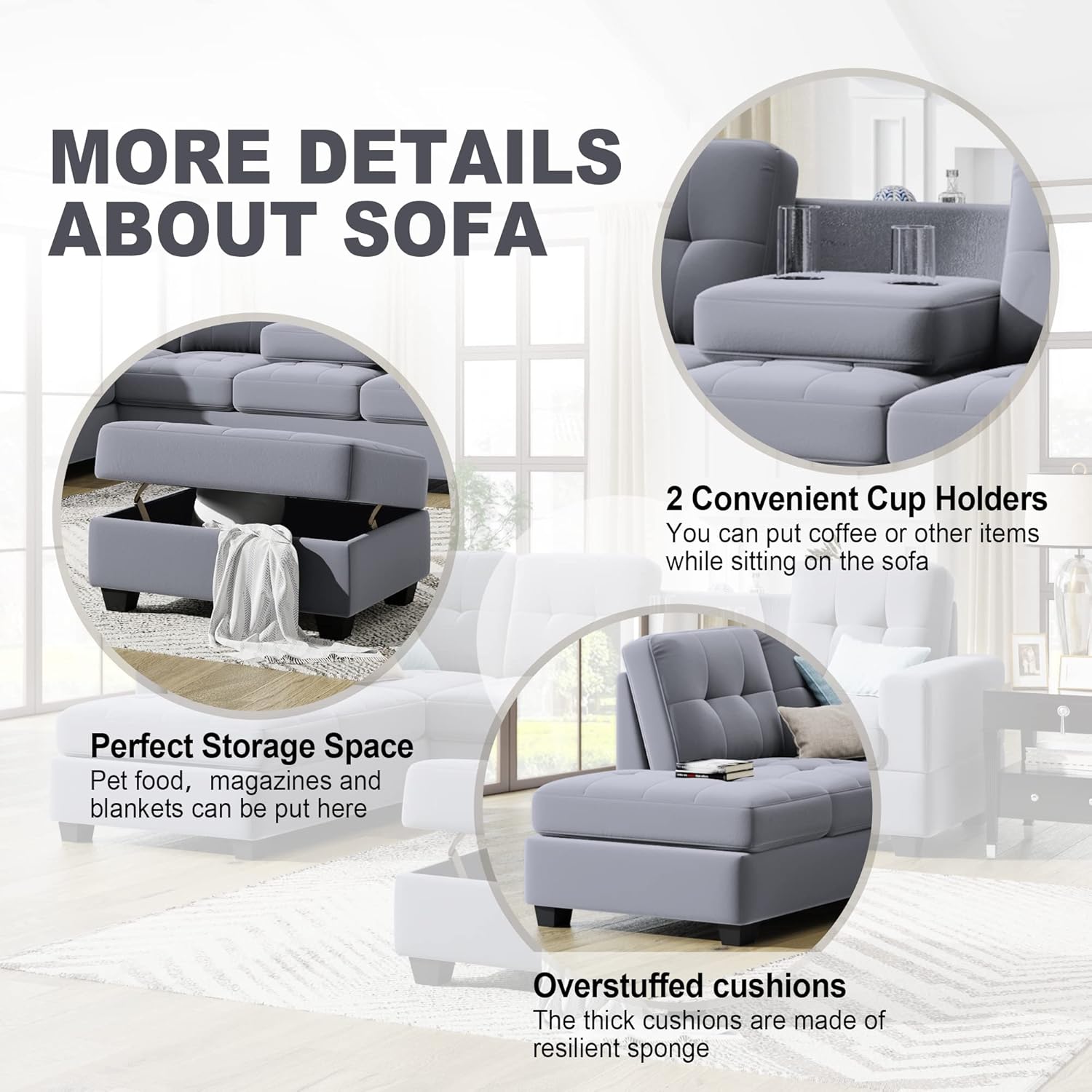 Linen Upholstered L Shaped Sofa Set with Ottoman, Light Gray S90313