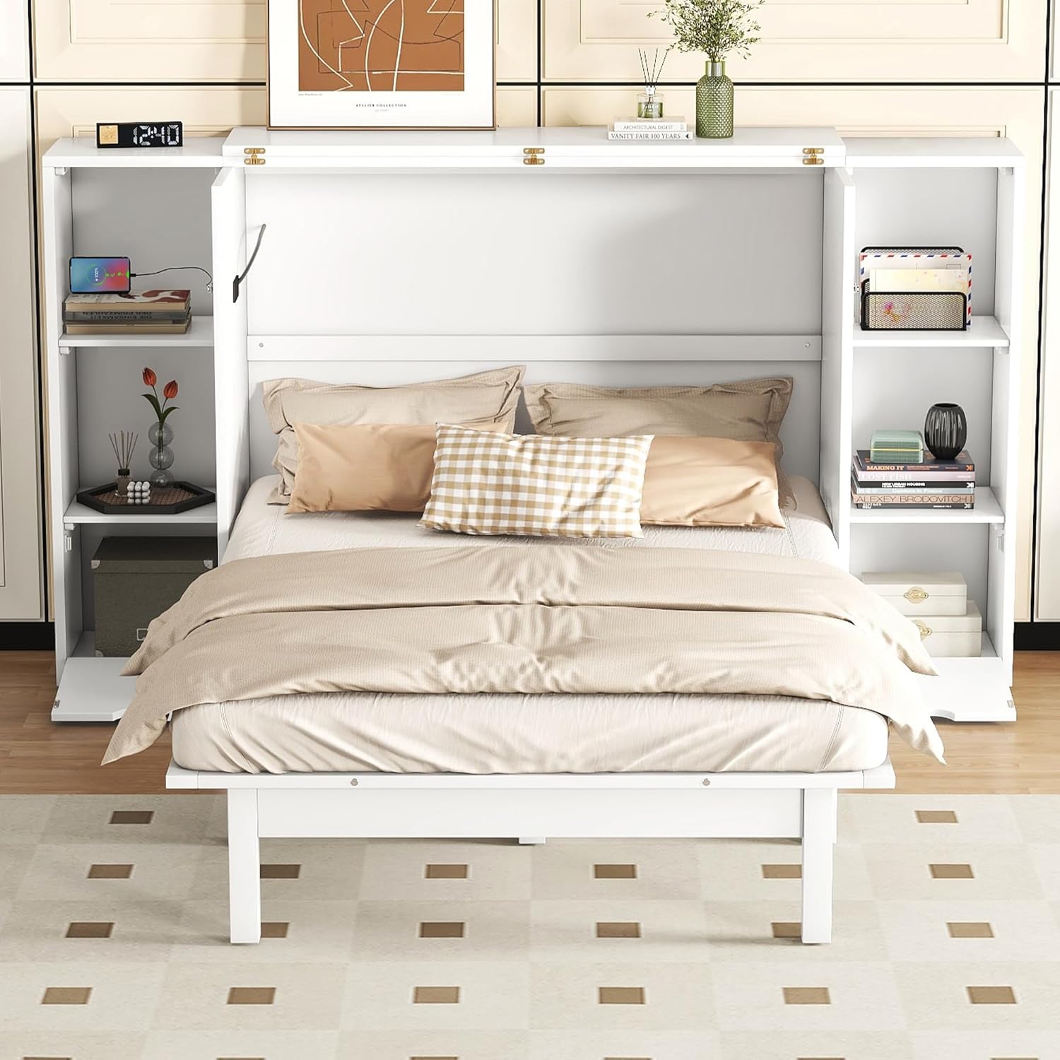 Queen Size Murphy Bed with Shelves, Drawers and USB Ports, White C31721