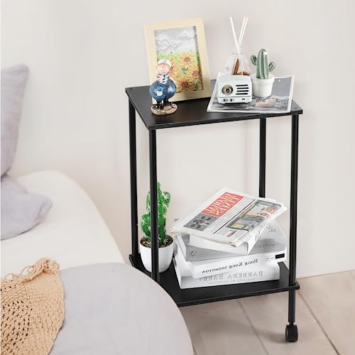 Vrisa End Table Set of 2 with Wheels, 2-Tier Narrow Side Table for Small Spaces, Black T3794