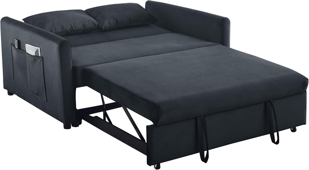 54 Inch Convertible Sleeper Sofa Velvet Loveseat with Pullout Bed, Black Q87897