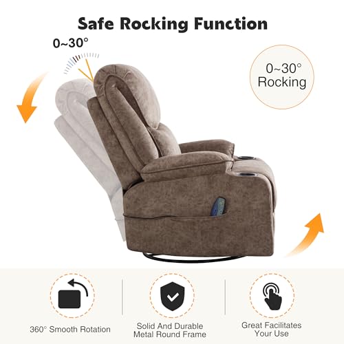 Swivel Rocker Recliner Chair, Power Reclining Leather, Cup Holders and USB Port, Dark Brown X35409