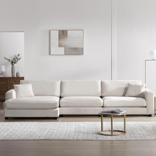 P PURLOVE Oversized Corduroy Sectional Sofa with USB Charging Port, Cup Holder, L Shaped Cloud Couch with 50" W Chaise, Comfy Indoor Furniture for Living Room (Gray)