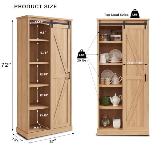 72" Farmhouse Kitchen Pantry with Sliding Barn Door, White B37295