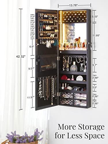 LUXFURNI Mirror Jewelry Cabinet with LED Lights, Lockable Storage, White B723072