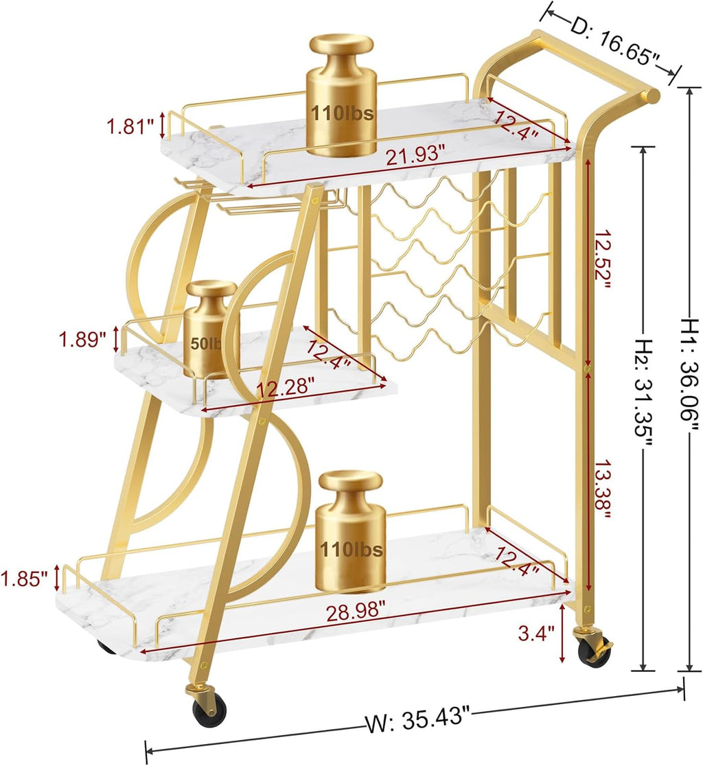 Industrial 3 Tier Mobile Gold Bar Cart with Wine Rack and Glass Holders D2731