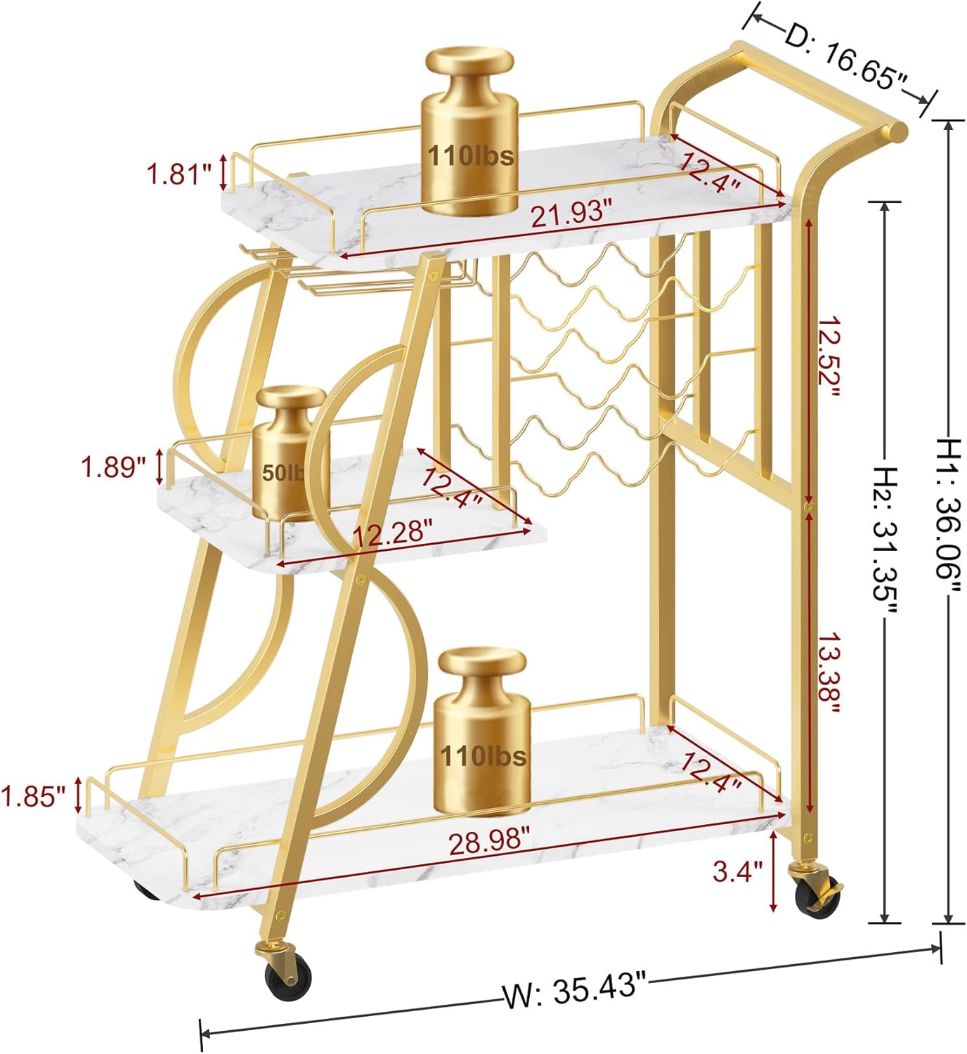 Industrial 3 Tier Mobile Gold Bar Cart with Wine Rack and Glass Holders D2731