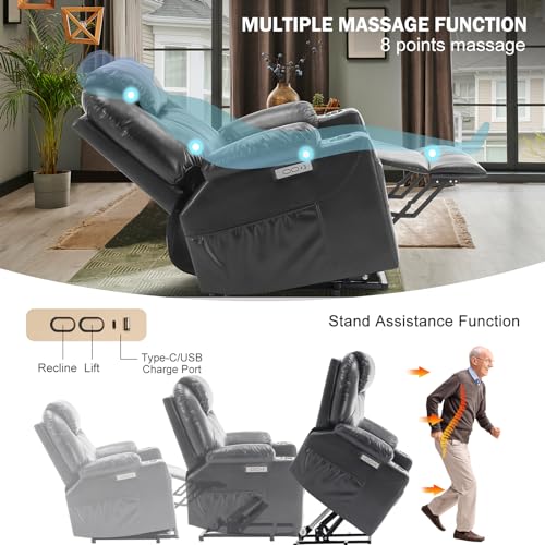 Electric Power Lift Recliner Chair with Heat & Massage for Elderly, PU Leather, Grey U505711