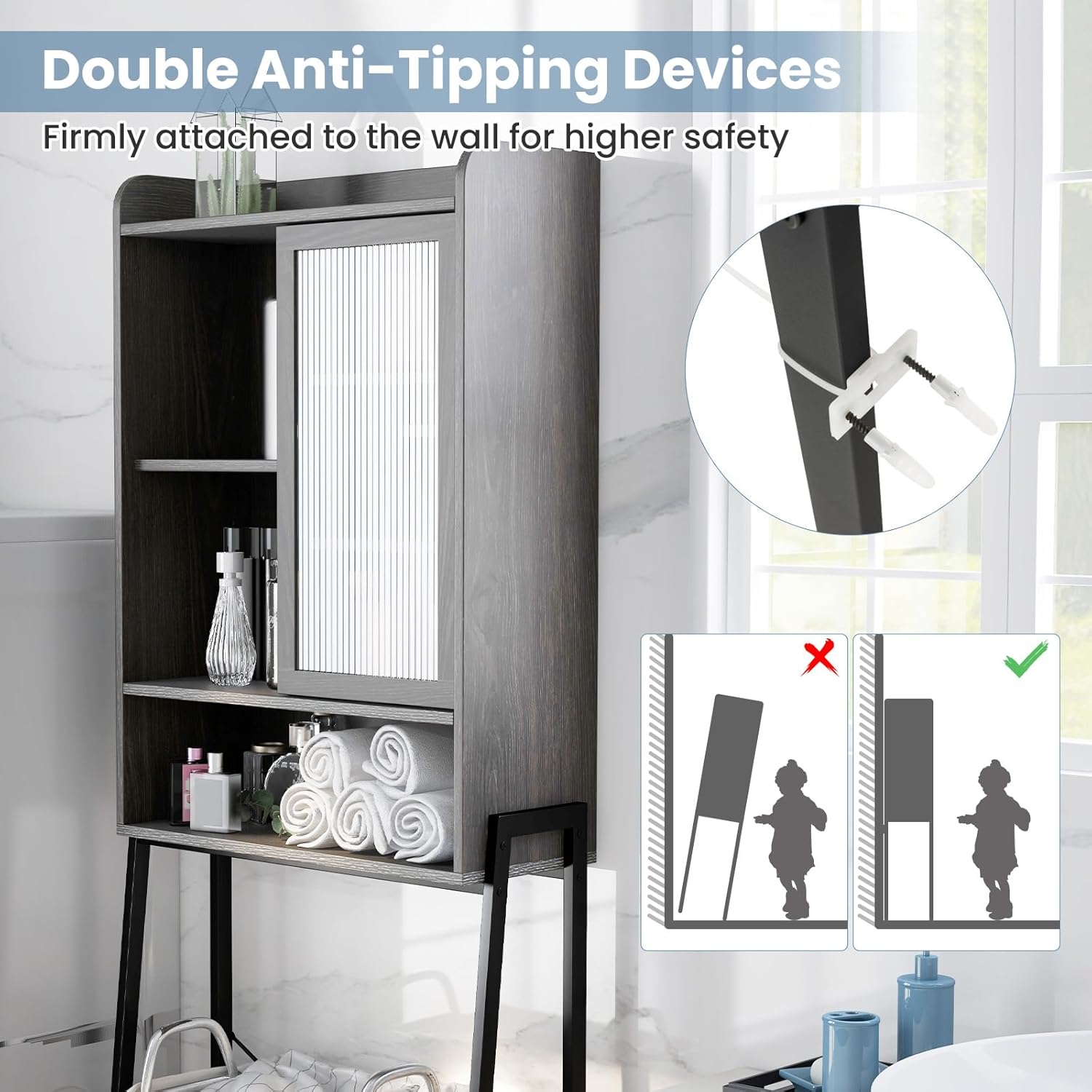 Over The Toilet Storage Cabinet with Sliding Door, Freestanding Bathroom Organizer V889695