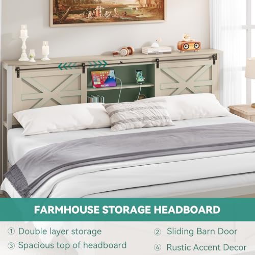 YITAHOME Farmhouse Queen Bed Frame with Headboard, Bookcase Storage, Charging Station, White X715542