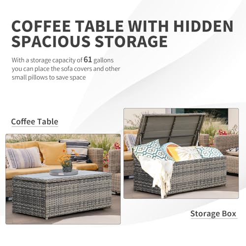 14 Pieces Modular Patio Furniture Set with Coffee Table, Brown Rattan Outdoor Sectional Q240660
