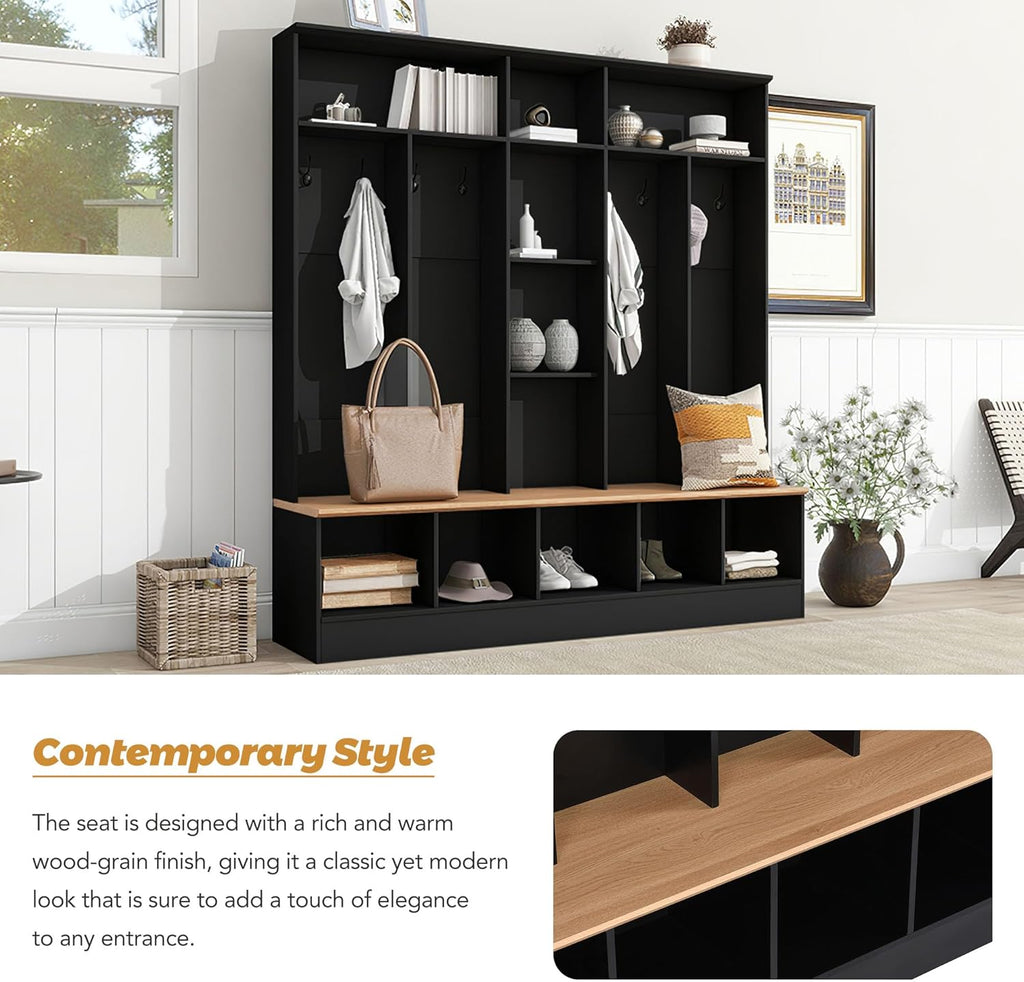 Hall Tree with Storage Bench and 8 Hooks, Black F639396