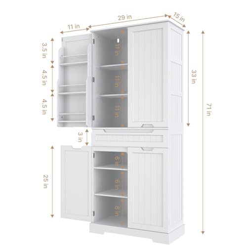Gizoon 71" Tall Kitchen Pantry Storage Cabinet with Doors and Shelves, White J3114