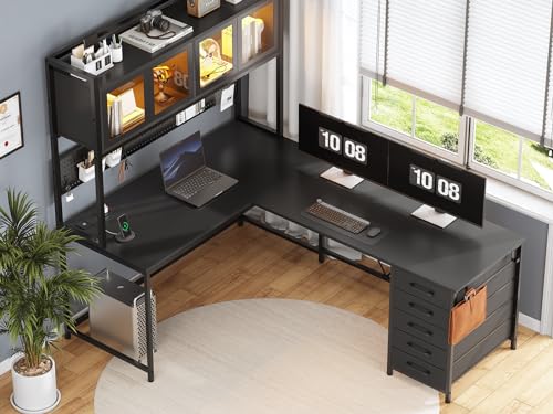 L Shaped Gaming Desk with Drawers and Storage Shelves P3118
