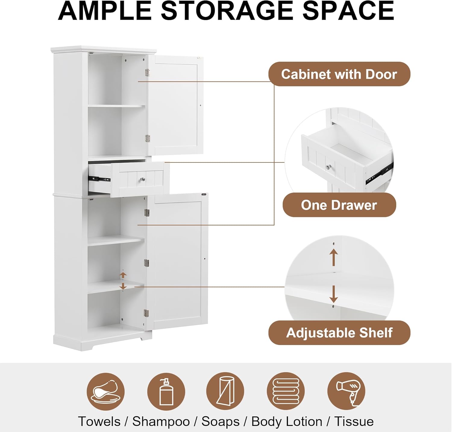 DofFo Tall Linen Bathroom Storage Cabinet with 2 Doors and 1 Drawer, White H558024