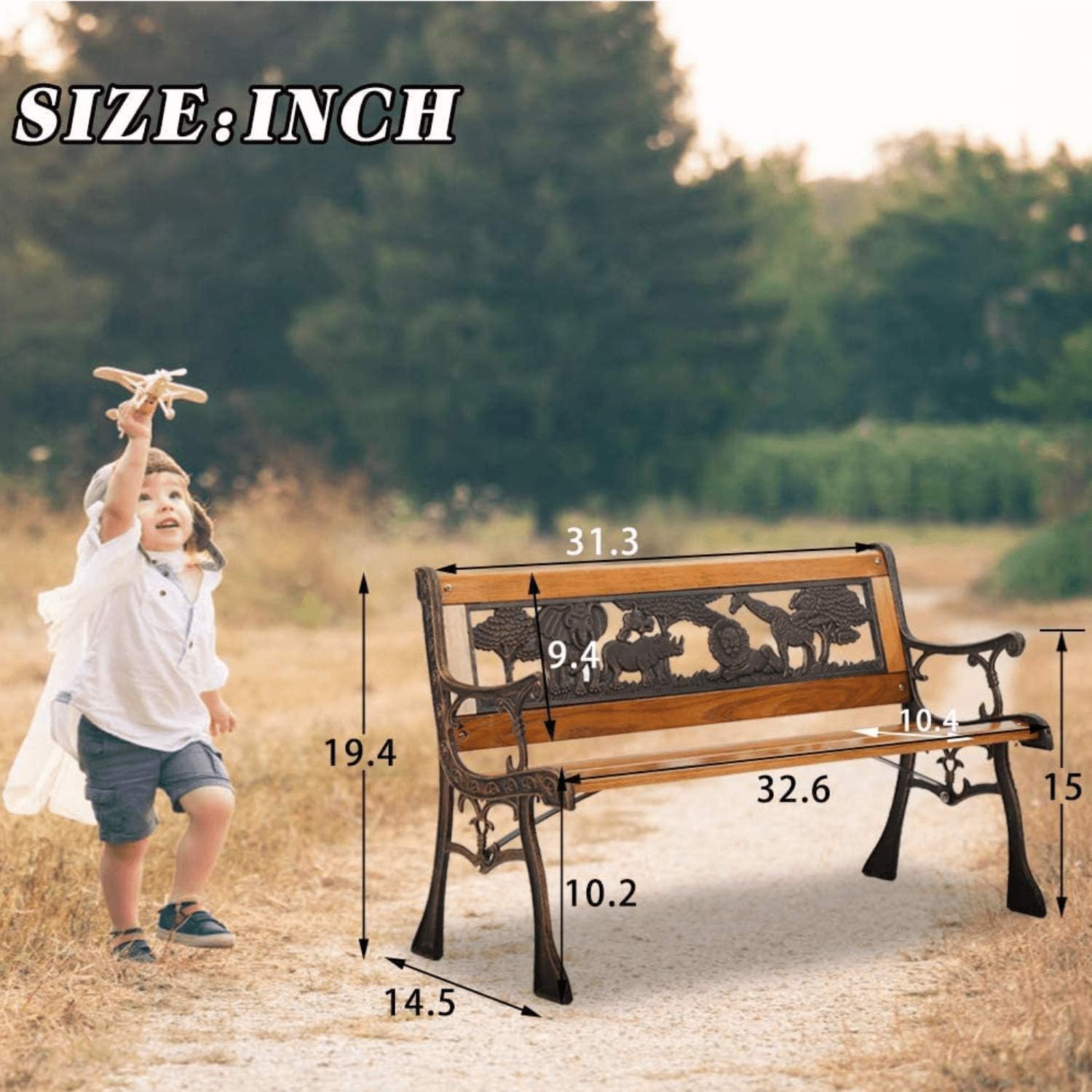 Antique Safari Animal Kids Hardwood Bench with Metal Frame U672