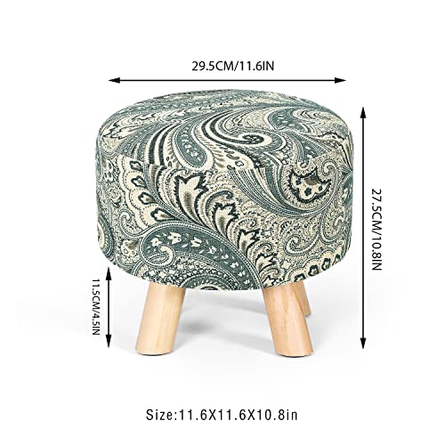 Asense Small Round Ottoman Foot Rest Stool with Wooden Legs, White and Black Linen Q8735