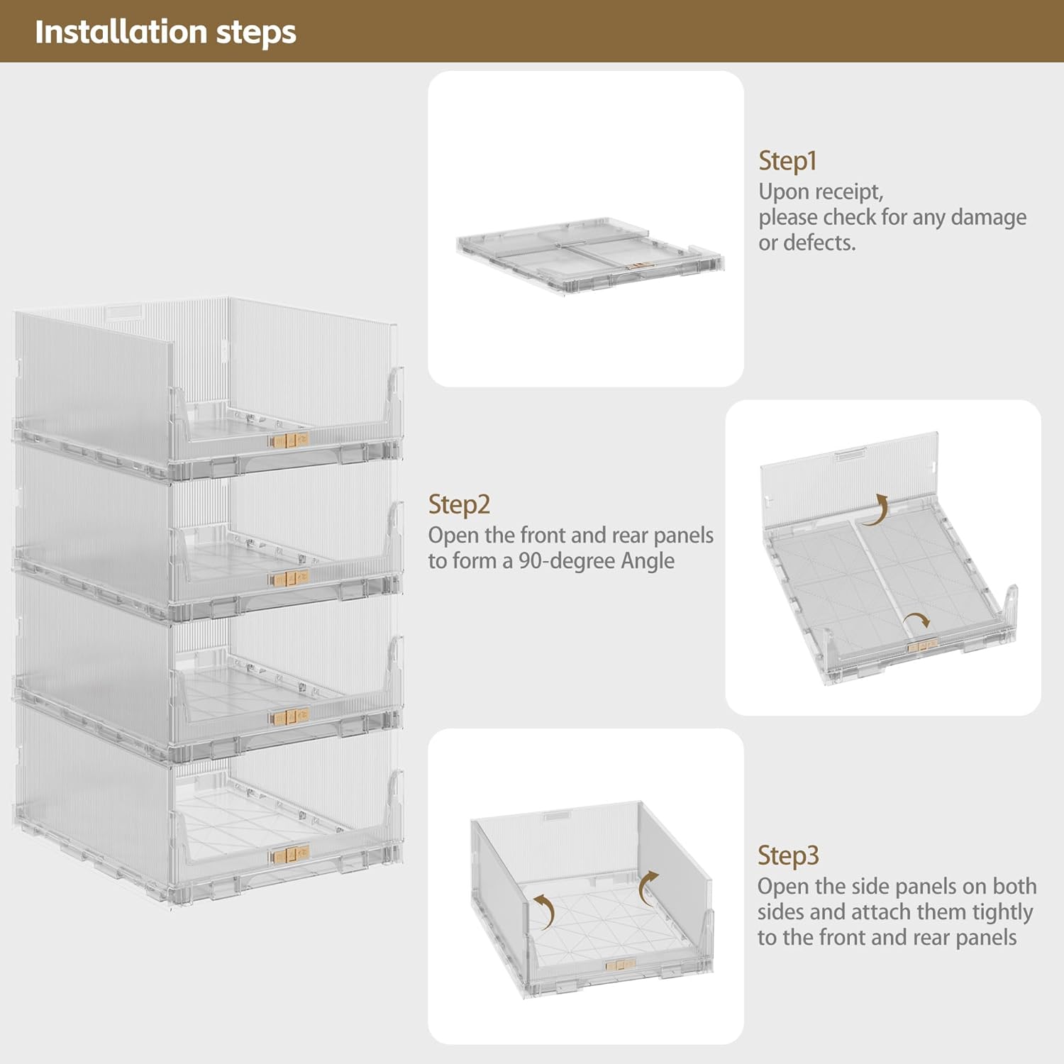 MIOPUR Stackable Closet Organizers and Storage Bins, 4 Pack Foldable Drawers, Clear R921