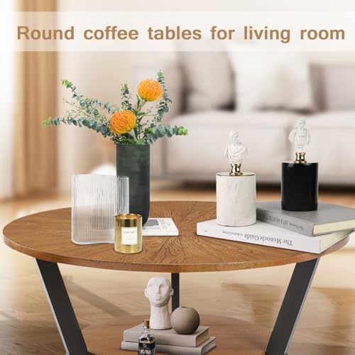 Round Wood Coffee Table with 2-Tier Storage Rack, Metal Legs, 35 x 35 x 17 in L99003
