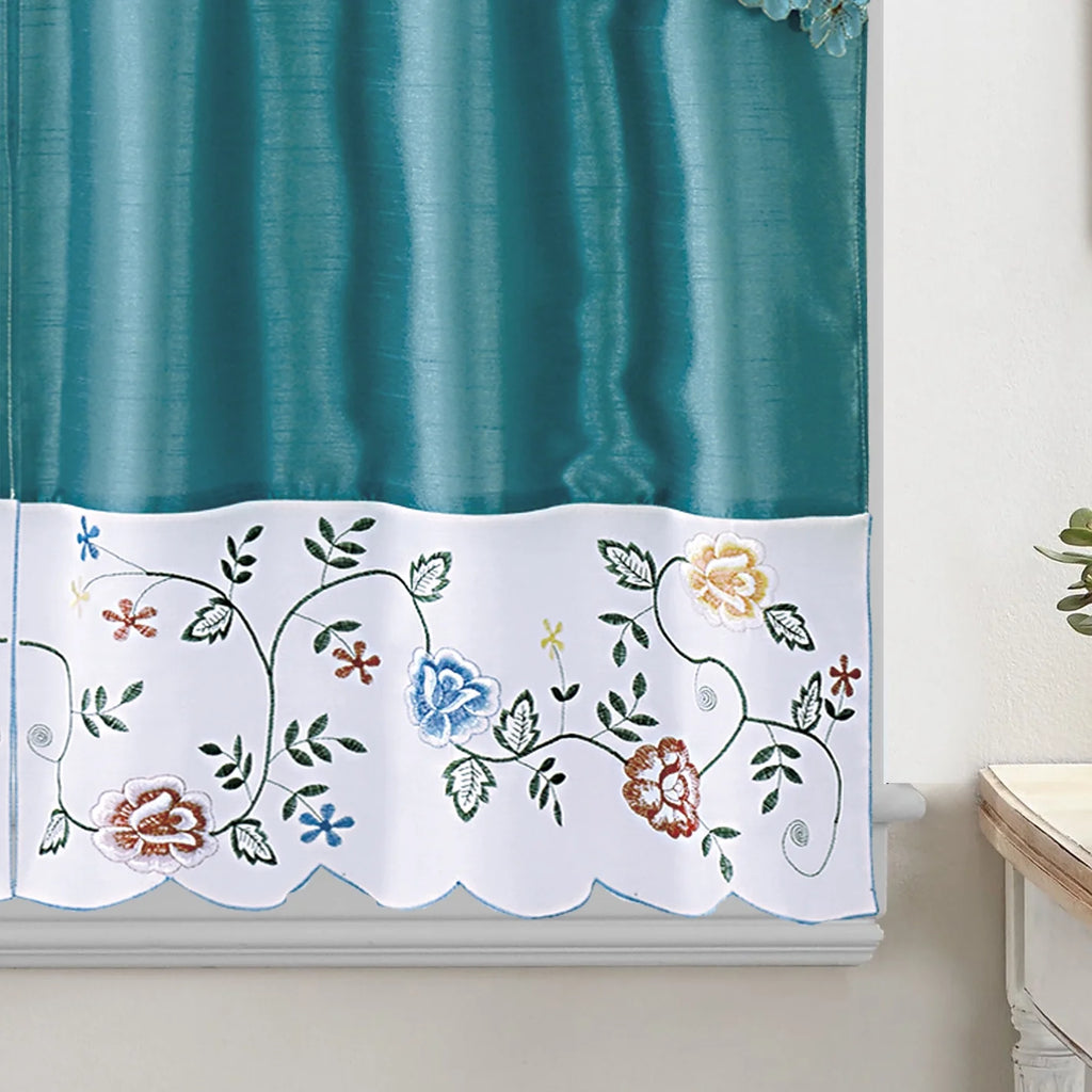 Flower Embroidered 3-Piece Kitchen Curtain Tiers & Swag Set, Turquoise, 58x36 & 28x36 inches Q716679