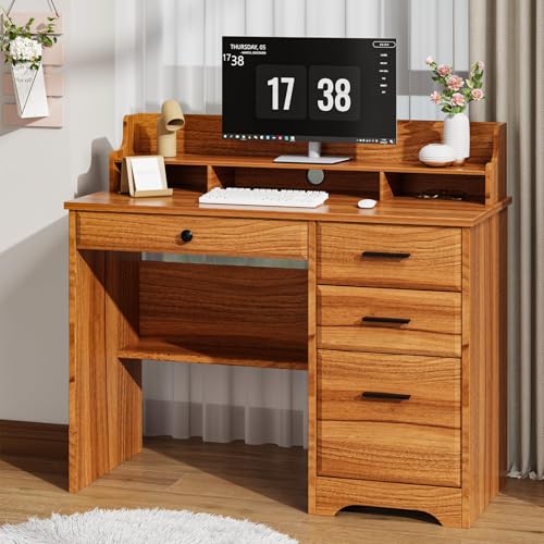 4 EVER WINNER Computer Desk with Storage Drawers and Hutch, 44 Inch Farmhouse Writing Study Desk with Monitor Stand for Small Space, Home Office Desks Wooden Desk for Bedroom, Home Office, White
