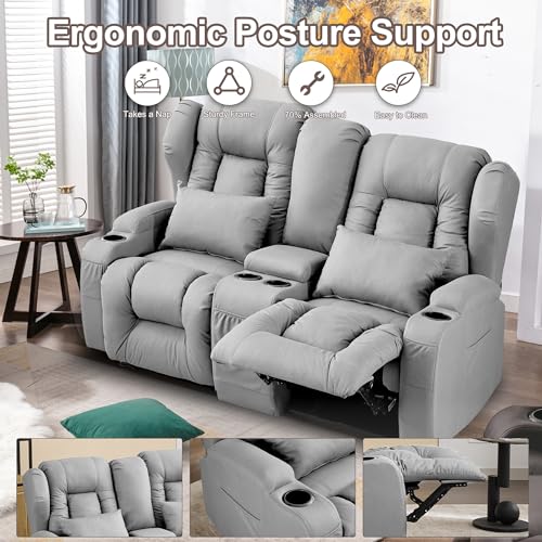Loveseat Recliner Sofa with Console and Cup Holders, Beige J1353