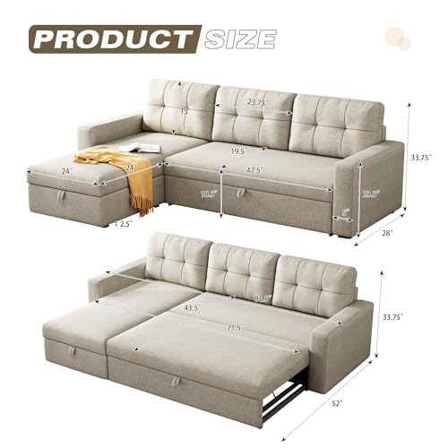 81.5" L-Shape Sleeper Sectional Sofa with Storage Chaise and Pull-Out Bed, Beige Q819814