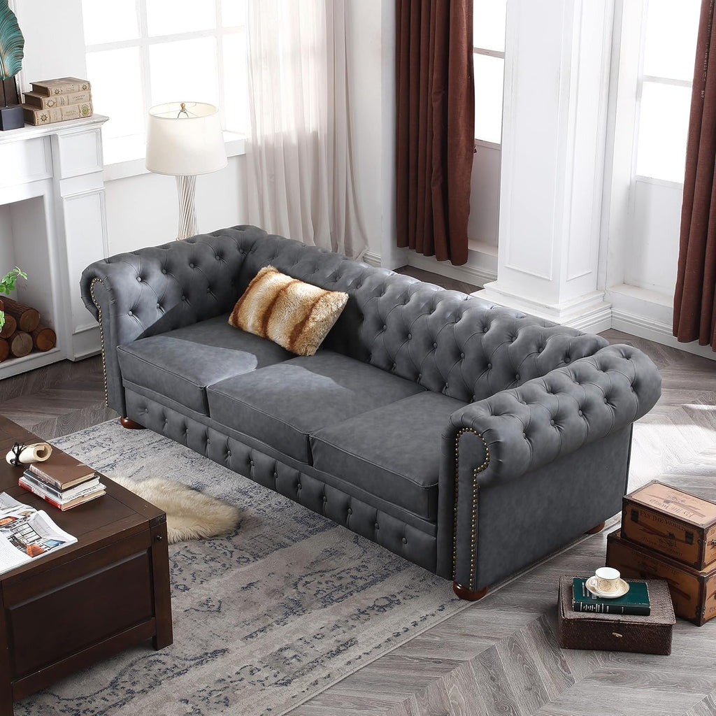 Classic Chesterfield Sofa Dark Grey Faux Leather N111