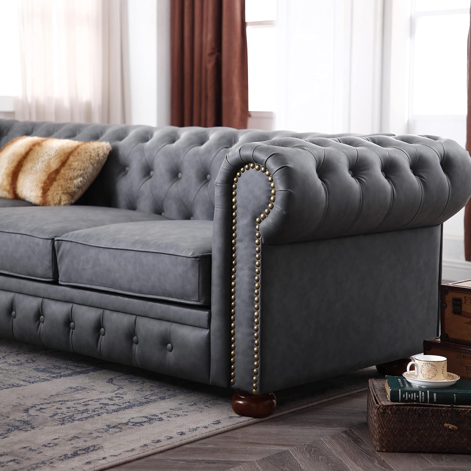 Classic Chesterfield Sofa Dark Grey Faux Leather N111