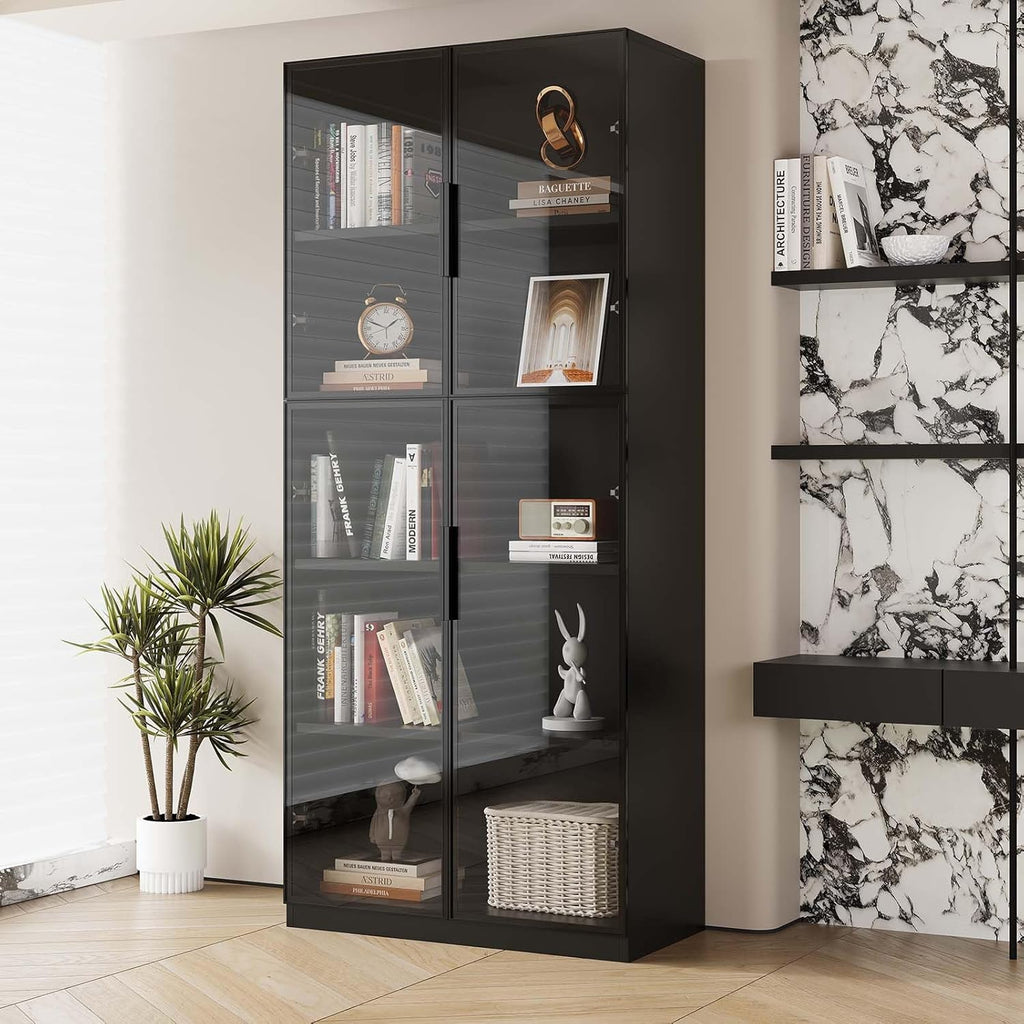 Display cabinet with LDE light and Glass Doors, Bookcase Bookshelf, Wooden Display Cabinet for Home Office, Living Room, and Dining Room - Black (31.5 "W x 16.5 "D x 78.7 "H)