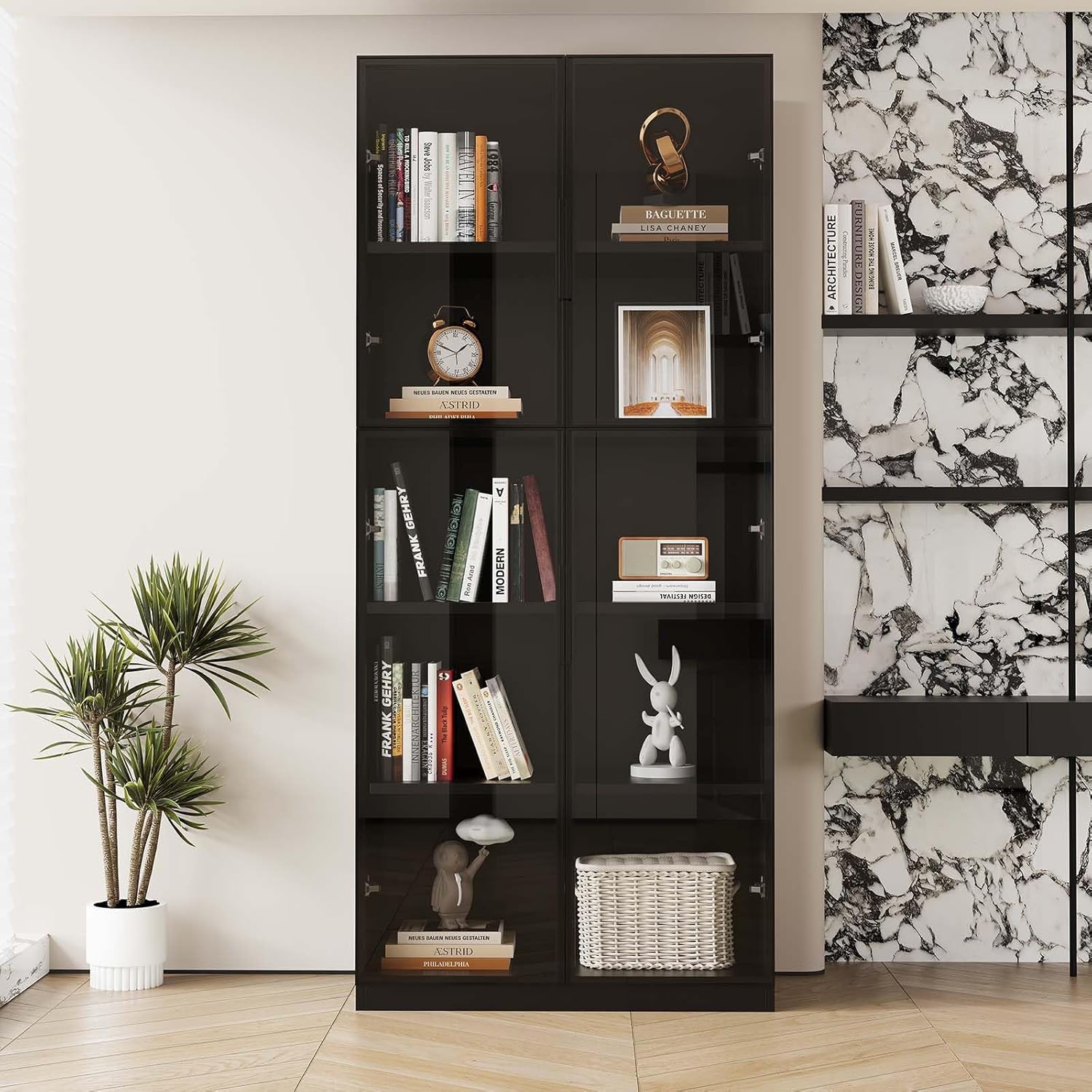 Wooden Display Cabinet with Glass Doors and LED Light, Black K527