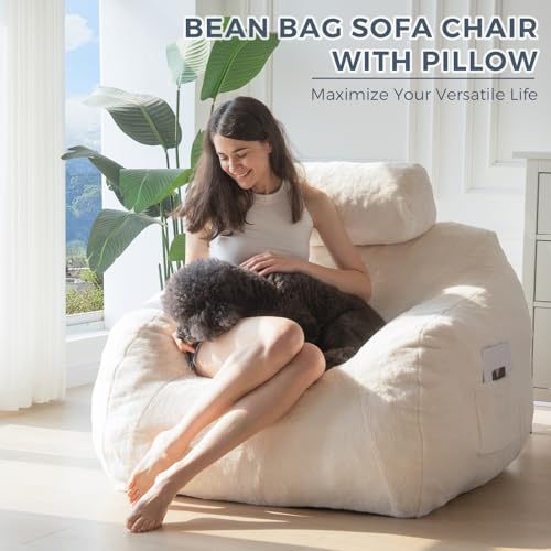Giant Bean Bag Chair with Pillow, Boucle Sofa for Adults, Large Upholstered Couch S845