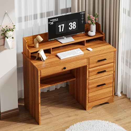 4 EVER WINNER Computer Desk with Storage Drawers and Hutch, 44 Inch White W8153