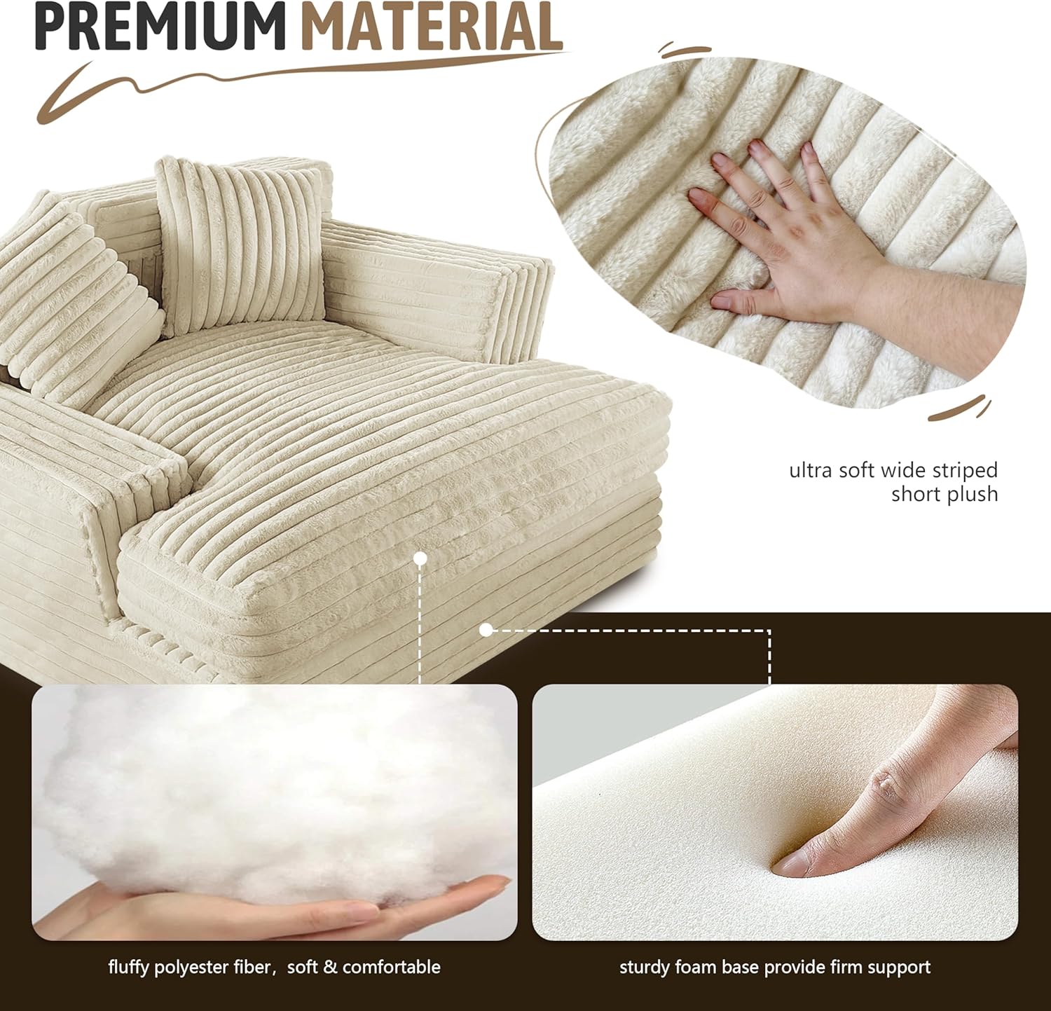 Oversized Chaise Lounge Sofa Upholstered with 2 Throw Pillows V413