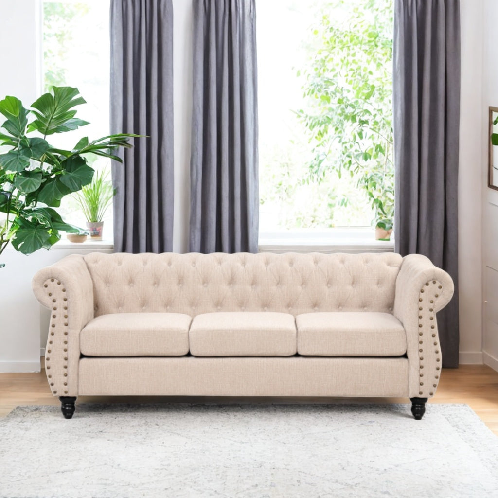 82" Modern Sofa Dutch Plush upholstered Sofa, Solid Wood Legs, Buttoned Tufted backrest (Beige)