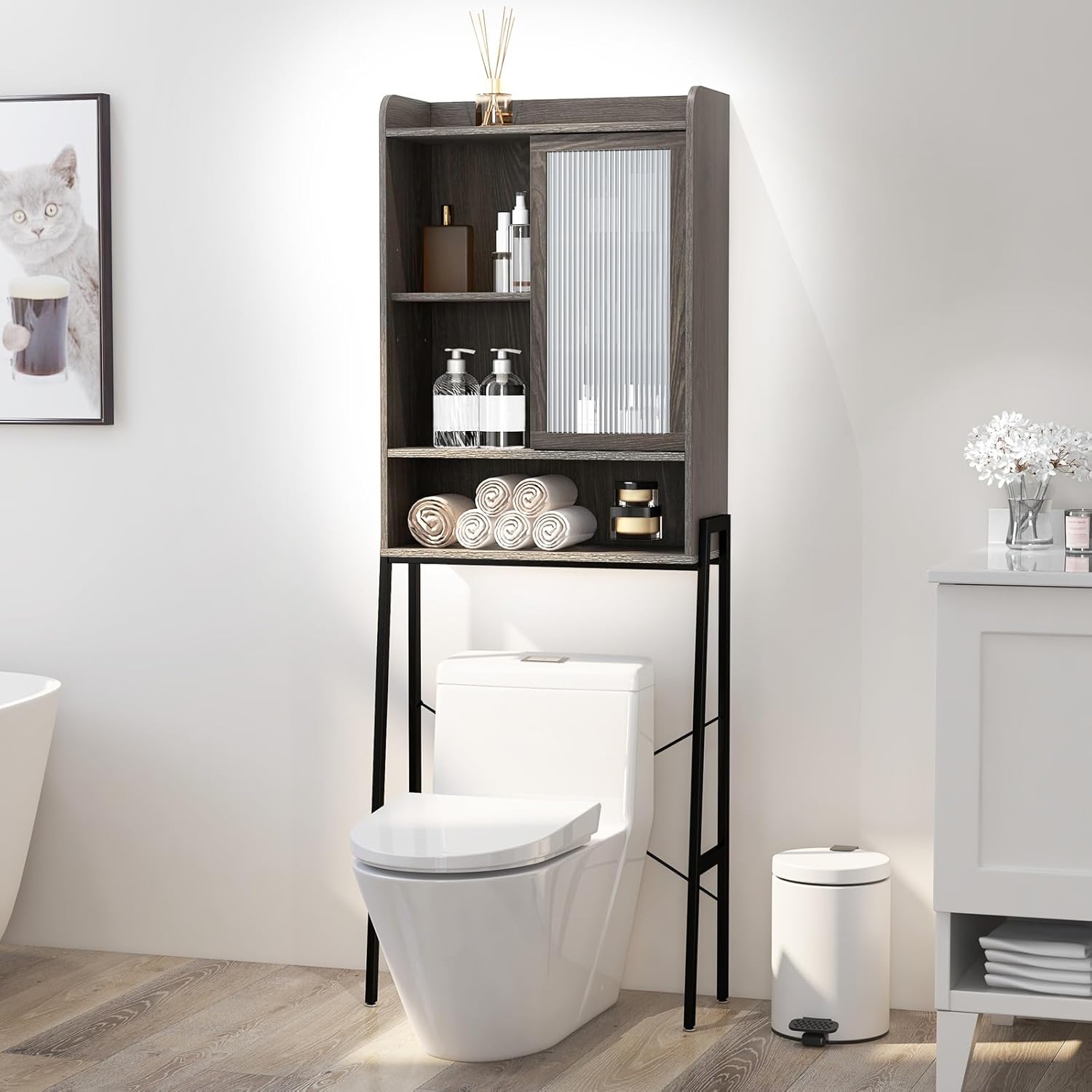 Over The Toilet Storage Cabinet with Sliding Door, Freestanding Bathroom Organizer V889695