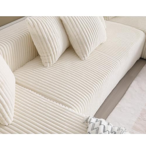 Modular Sectional Couch U-Shaped Sofa with Chaise Lounge, Striped Corduroy, White A846
