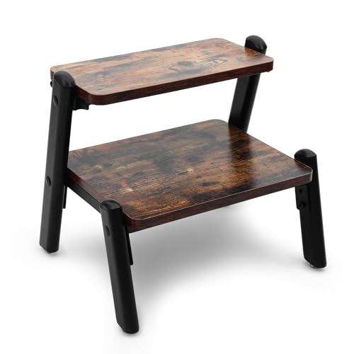Wooden Step Stool for Adults Kids,Bedside Step Stools for High Beds,Kitchen Step Stool,Heavy Duty Sturdy 2 Step Stool,Widened Metal Frame, Holds up to 500 LB (Black)
