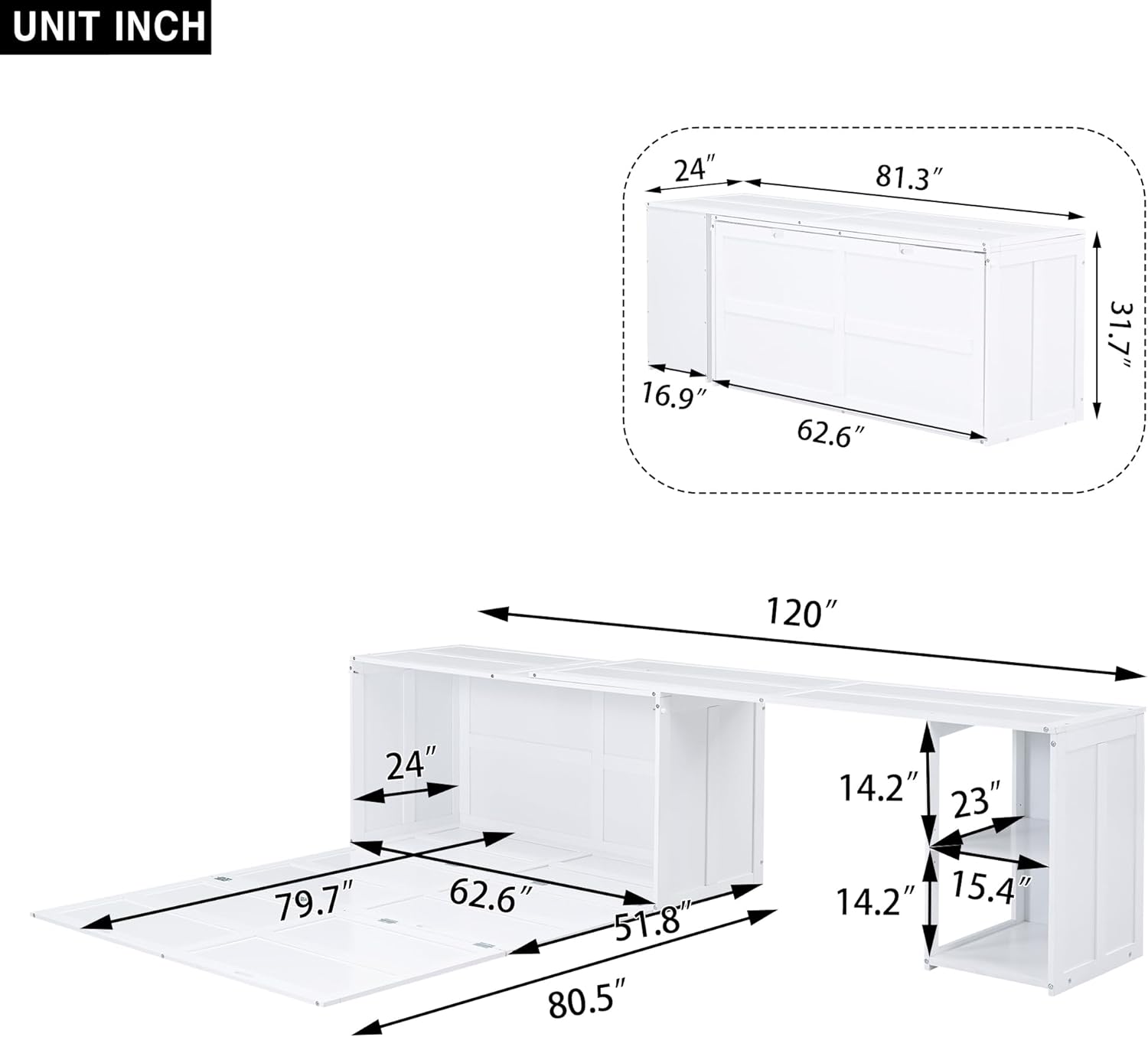 Queen Size Murphy Bed with Rotating Desk, White Finish T516