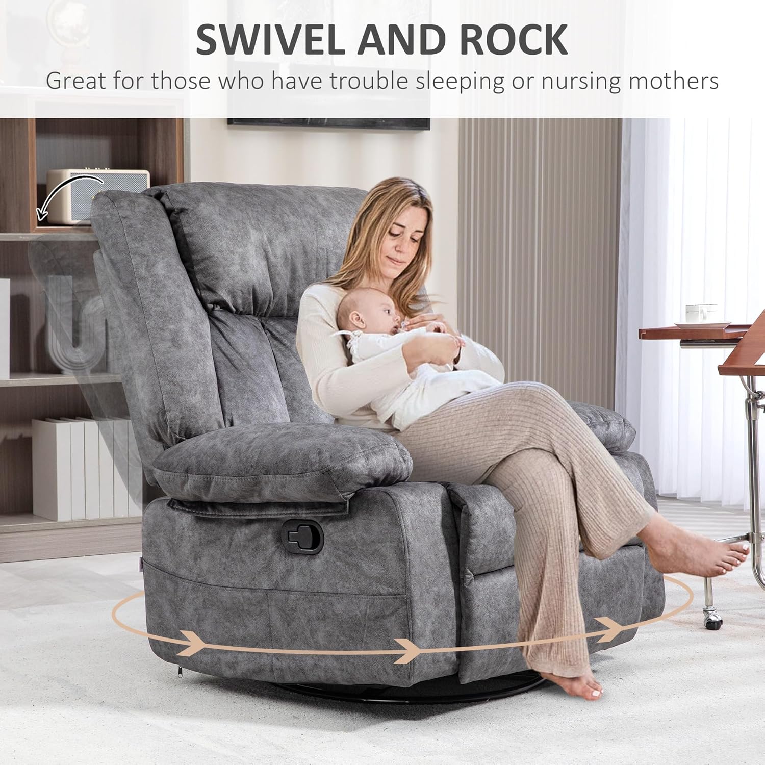 Swivel Rocker Recliner Chair with 360 Degree Swivel, Gray, Metal Base E85391