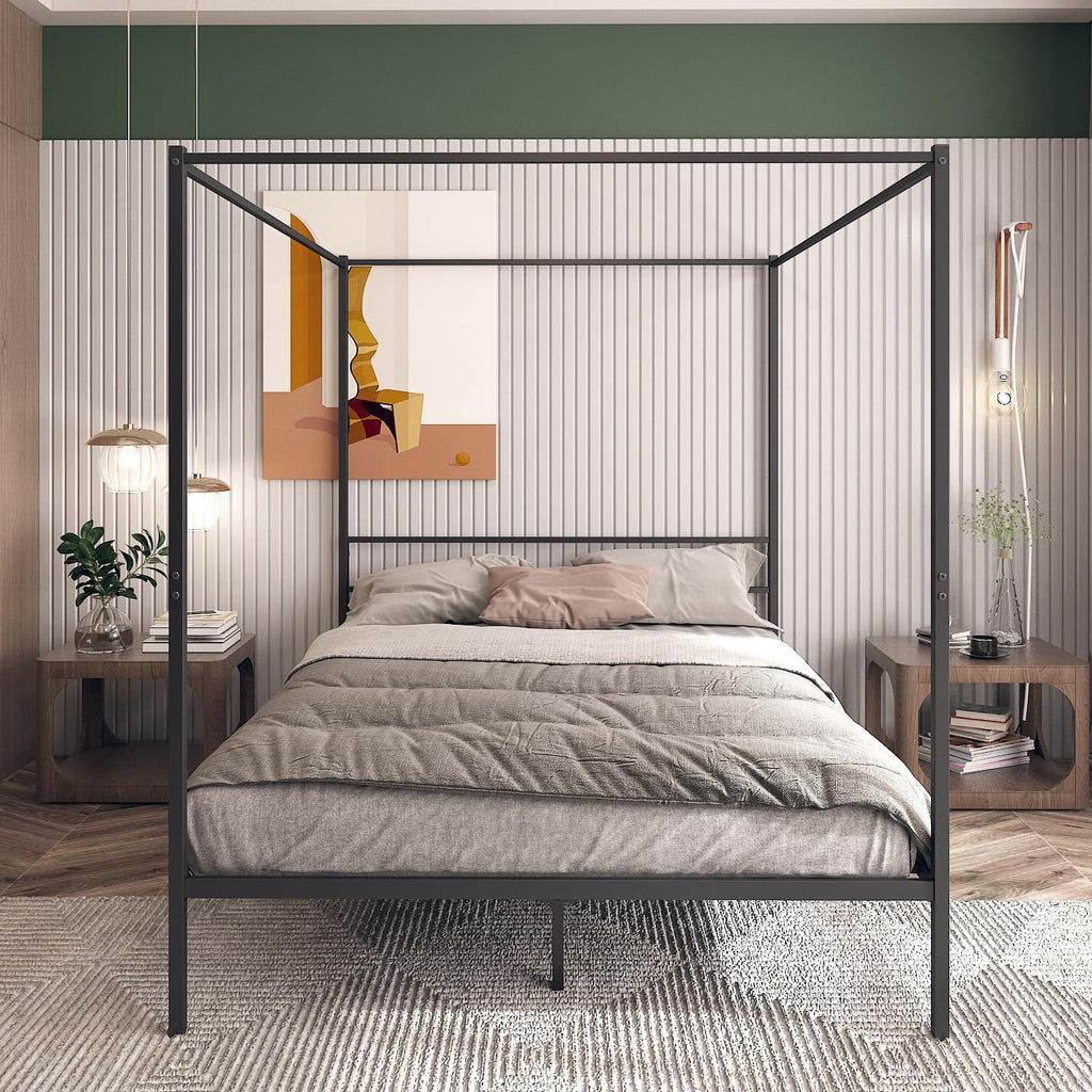 Queen Size Black Metal Canopy Bed Frame with Headboard Q5090