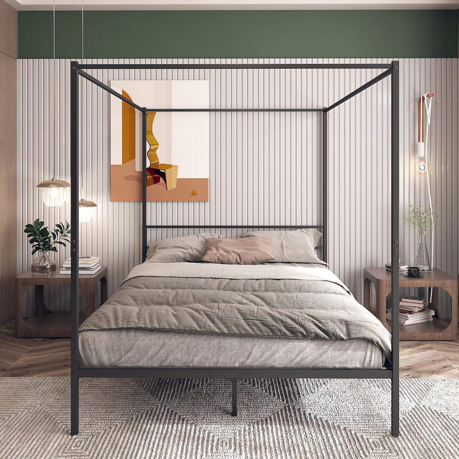Queen Size Black Metal Canopy Bed Frame with Headboard Q5090