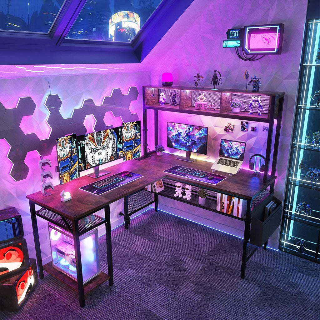 Aheaplus L Shaped Gaming Desk with LED Lights & Power Outlets, 55 Inch, Rustic Brown R818