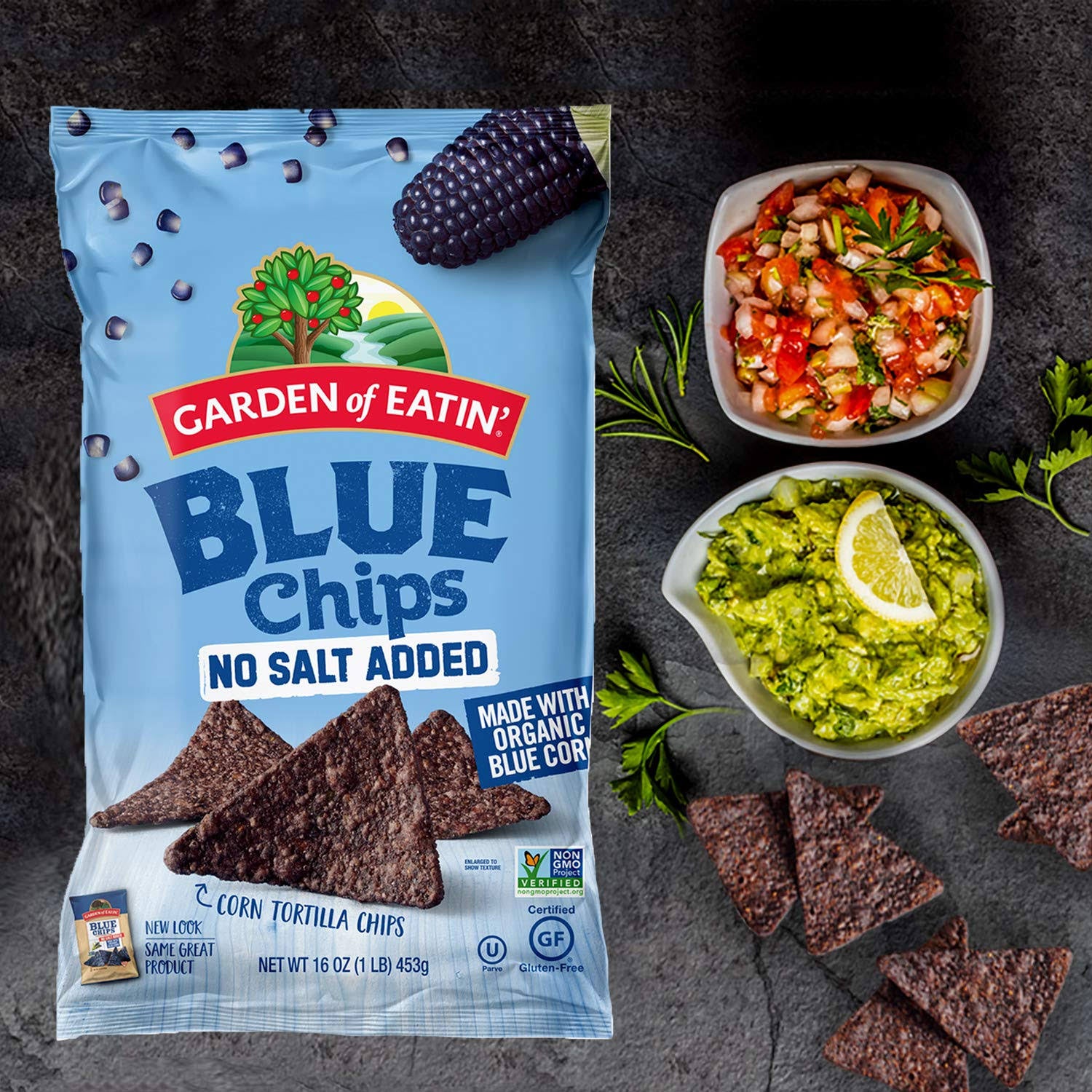 Garden of Eatin No Salt Added Blue Corn Tortilla Chips 16 oz. I57776