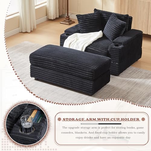 Modern Chaise Longue Indoor 86.6" 3 Seater Corduroy Sofa with Ottoman, Green Z39954