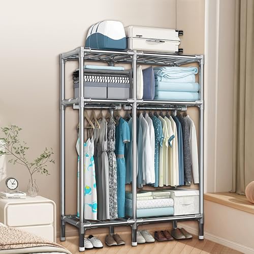 Portable Closet Metal Wardrobe with 2 Hanging Rods and Shelves C211