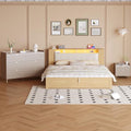 Merax 3 Pieces Bedroom Sets, Queen Size Upholstered Platform Bed with Storage Nightstand and 6 Drawers Dresser Cabinet, Motion Activated Night Lights, USB Charger, Natural