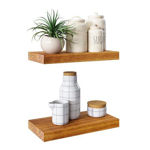 Letto Solid Wood Floating Shelves, Set of 2, 10" D x 24" W x 1.57" H - Pine Wood and Environmentally Friendly Wood Floating Shelves, Water Resistant, Thick Wood, All-Included Set Up, Honey Oak Shelf