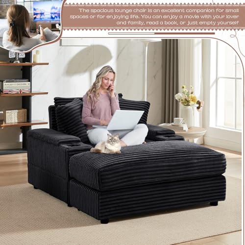 Modern Chaise Longue Indoor 86.6" 3 Seater Corduroy Sofa with Ottoman, Green Z39954